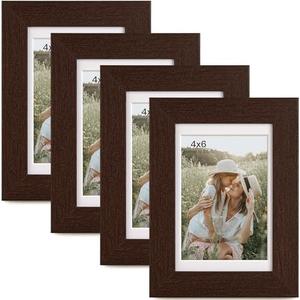 Momentworth 4x6 Picture Frame with Mat for 3.5x5, Walnut Wood Grain Dark Brown Gallery Wall Picture Frames for Tabletop or Wall Mounting(4 Pack, Walnut)