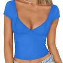 Trendy Queen Womens Summer V-Neck Backless Cute Tops Short Sleeve Sexy Slim Fit T-Shirts Y2K Clothes Corset Cami 2025 (Small)
