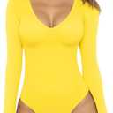 MANGOPOP Women's Long Sleeve Short Sleeve Bodysuit Sexy V Neck Body Suits Fitted Fall Going Out Tops L