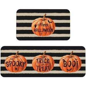 Fall Kitchen Mats Set of 2 Black Cream Pumpkin Autumn Harvest Thanksgiving Holiday Kitchen Rugs for Floor Home Decor Bathroom Laundry Room Doorway Decoration Absorbent Mats,17x29 and 17x47 Inch