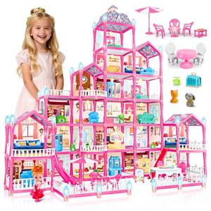 Rongmeiz 6-Story Doll House Large DIY Playhouse for Girls, Little Girl Dream House with Furniture, Little Dog Toy, 2 Princess Figures and Slide, Creative Construction Toy for Birthdays & Christmas