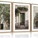 HOURIA Vintage Italy City Landscape Framed Canvas Wall Art Set,Sage Green Olive Tree Old House Wall Decor,Modern Mediterranean Country Cityscape Artwork for Living Room,Bedroom,Farmhouse- 24"x36"x3