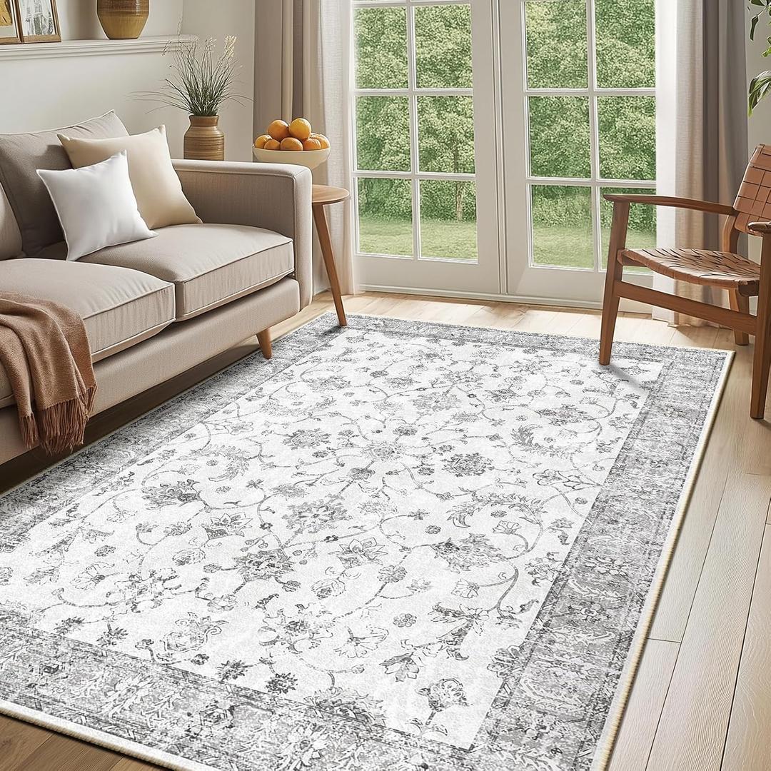 5x7 Area Rug Print Washable for Living Room Low Pile Non Slip Soft Thin Carpet Boho Vintage Floral Rug Stain Resistant for Bedroom Dining Room Kitchen Playroom Greywhite (Grey/White)