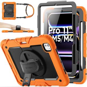 SEYMAC stock for iPad Pro 11 inch Protective Case M5 2025/M4 2024, Heavy Duty Case with Screen Protector, Pencil Holder, Rotating Stand, Hand Strap, Shoulder Strap, Orange