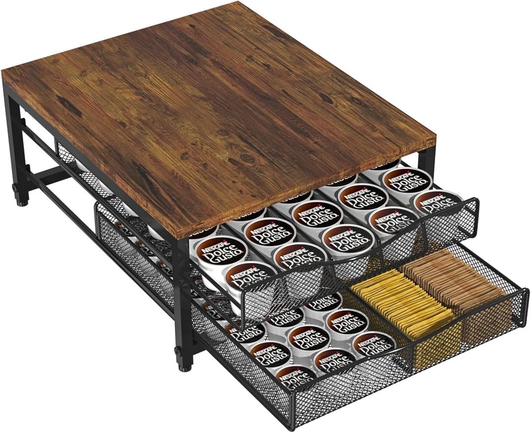 VyGrow Coffee Pod Holder For Counter, Wooden K Cup Holder with Double Layer Sliding Drawer, Large Capacity Coffee Pod Storage for Coffee Station, Home, Office, Kitchen