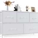DUMOS Dresser for Bedroom, 5 Storage Drawers, Wide Fabric Closet Chests Organizer Tower Furniture with Wooden Top Metal Frame for Clothes, Guest Room, Living Room, Hallway, Entryway (11.8"D x 39.4"W x 20.9"H (5 Drawers), White)