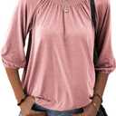 Grlasen Women's Solid Crew Neck T Shirt Blouse Cotton Half Sleeve 3/4 Sleeve Casual Loose Pleated Basic Tops (X-Large, Pink)