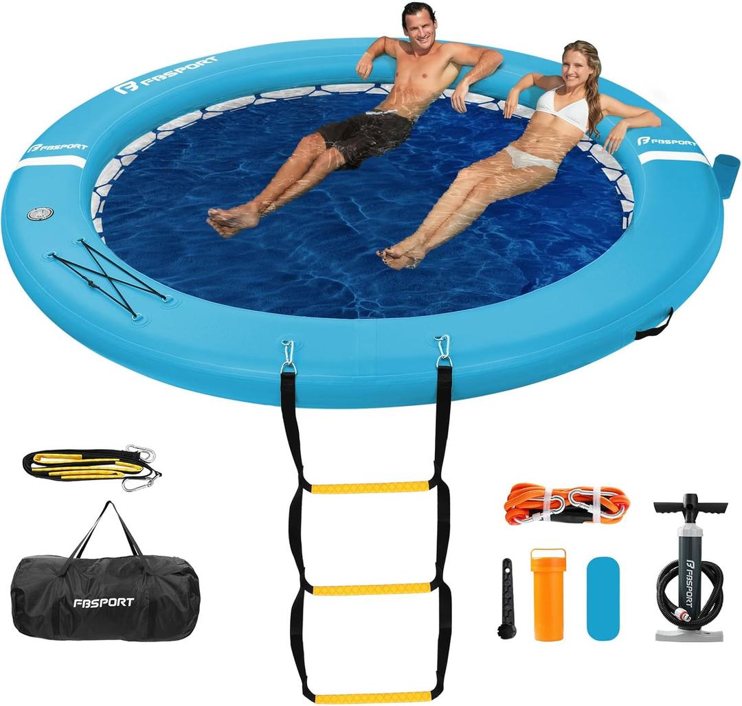 FBSPORT Inflatable Dock Floating Platform, Inflatable Water Hammock Floating Deck for Lake W/Cupholder, Round Floating Ring Sunchill Float Ring, Pool Float Raft Lounger Island Platform Pad (Blue)