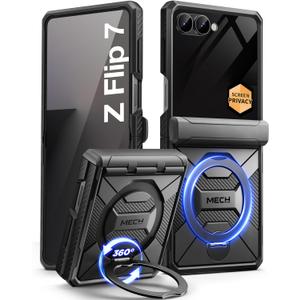 TONGATE 360 Spin Magnetic Stand for Z Flip 7 Case with Privacy Screen Protector, [Compatible with Magsafe] [Anti Spy] Full-Body Shockproof Samsung Galaxy Z Flip 7 Case with Hinge Protection, Black