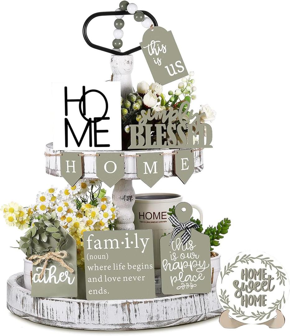 11PCS Farmhouse Tiered Tray Decor Set  Rustic Wooden Mini Signs and Decorations for Home and Kitchen Display (Tiered Tray Not Included)