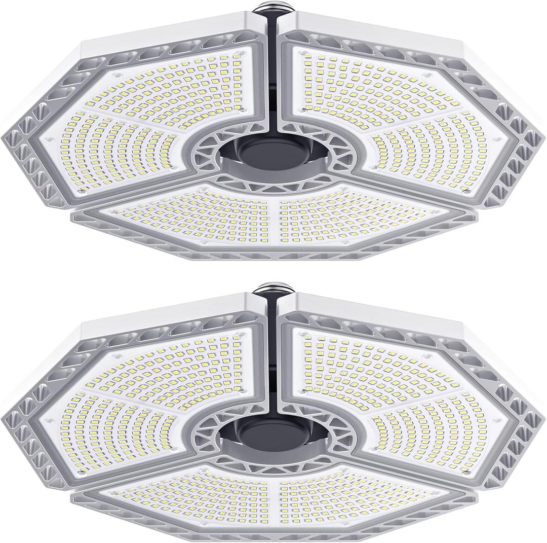 KERNOWO 2 Pack LED Garage Light, 140W 18500 Lumens Lighting, 6000K Daylight With Deformable Three Panels Ceiling Light Fixture E26/E27 Triple Glow LED Shop Light for Basement Workshop