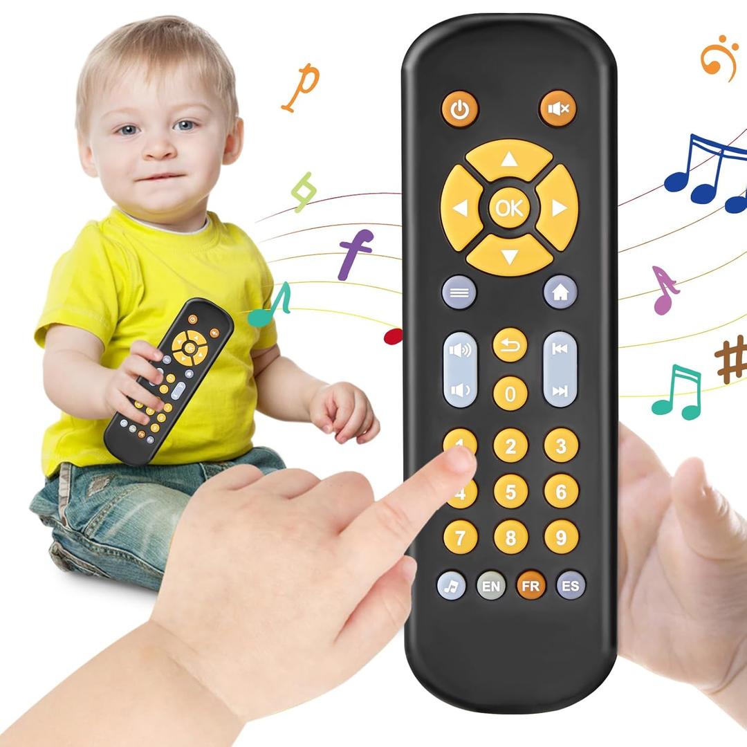 Baby TV Remote Control Toy 6 Month+, Toddler Realistic Remote Toy with Sound and Light, Early Educational Music Toys with 3 Languages English French Spanish for Infant Boys Girls 6 12 18 months