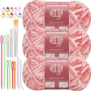 LUNARM Chenille Yarn for Crocheting Knitting, 3 Skein 263 Yard Thick Soft Chunky Fluffy Weaving Plush Yarn for Blankets Clothes Pattern Creations with Big Eye Needles (Peach Pink) (Solid Color)