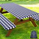 Smiry Picnic Table Cover with Bench Covers, Waterproof Elastic Fitted Tablecloths for 6 Foot Rectangle Tables, Washable Buffalo Plaid Tablecloth for Camping, Outdoor (Navy & White, 30"x72")