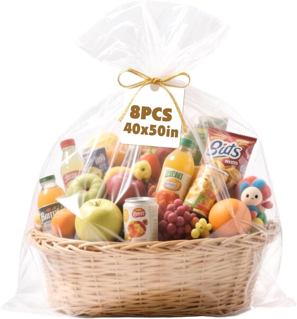 NUITPY 8 Pcs Large Cellophane Bags, 40 x 50 Inchs Cellophane Wrap for Gift Baskets, Durable Plastic Gift Bag, Clear Basket Bag - Complimentary 8 Pcs Golden Twist Ties