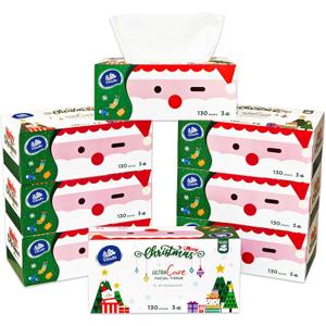 Vinda 3-Ply Premium Facial Tissues, Christmas Edition  Festive Holiday Boxes, 130 Tissues/Box, 8 Flat Boxes, Ultra Soft & Gentle for Sensitive Skin, Ideal for Home, Office, or Holiday Gifts
