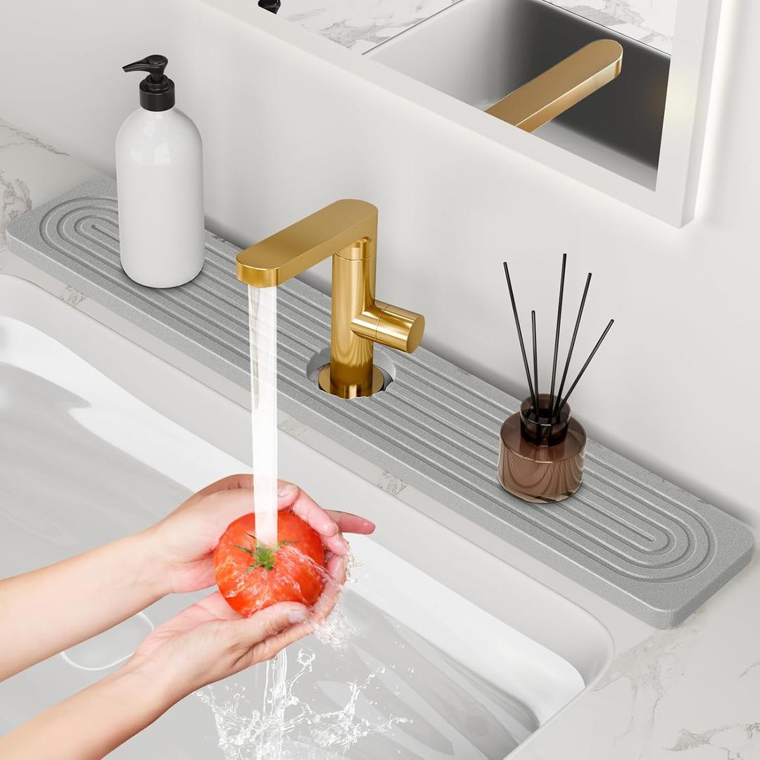 24'' Longer Faucet Mat for Kitchen Sink [Diatomite Stone Super Fast Drying] Stone Faucet Mat for Kitchen Sink Splash Guard Sink Stone Quick Dry around Faucet Stone Drying Mat Bathroom Quick Drying Mat (23.7" x 4", Light Gray)
