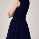 Womens V Neck Summer Dress Cap Sleeve Zipper Mini Dress Smocked Slit Dress with Pockets (Blue, L)