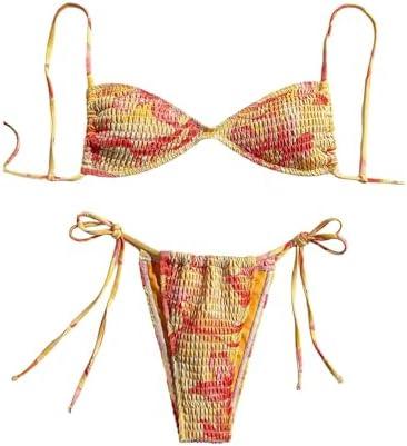 SOLY HUX Women's Triangle Bikini Set Textured Smocked String Swimsuit Boho Two Piece Bathing Suit, M