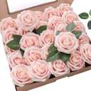 Floroom Artificial Flowers 25pcs Real Looking Blush Foam Fake Roses with Stems for DIY Wedding Bouquets Bridal Shower Centerpieces Party Decorations