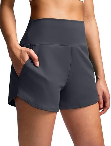 Soothfeel High Waisted Athletic Running Shorts for Women 3.5" Tummy Control Comfy Workout Gym Hiking Shorts with Pockets, Size M