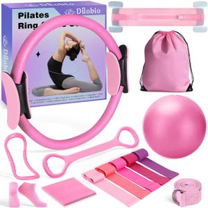 Home Pilates Essentials Kit for Women, Pilates Equipment Ring and Ball Set, Magic Circle with Booty Bands, Figure 8 Resistance Band, Hip Thrust Belt & Accessories, Toning Fitness Starter Set (Pink)