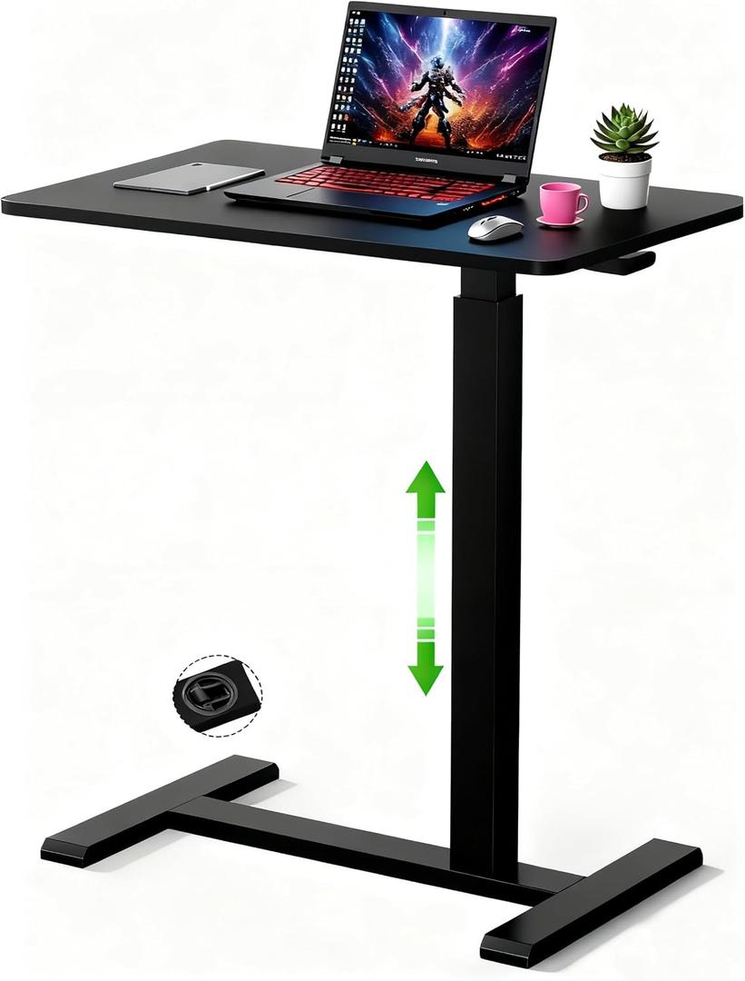 Mobile Small Standing Desk with Hidden Wheels, Pneumatic Laptop Desk, Rolling Computer Cart Movable, Portable Rolling Computer Sit Stand Side Table for Couch, Home, Office, Black