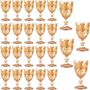 24 Pcs Vintage Wine Glasses, 10 Ounces Colored Glass Water Goblets, Unique Embossed Pattern High Clear Stemmed Glassware Wedding Party Bar Glass Drinking Cups, Floral Amber Glasses Set of 24
