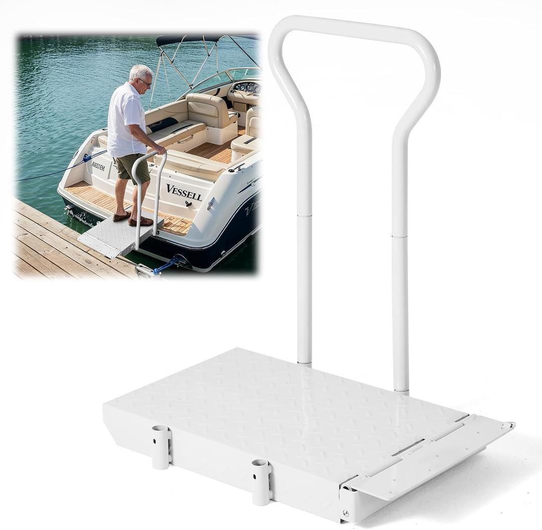 Boat Boarding Platform with Handrail, Foldable Dock Step with Anti-Slip Surface, Rust-Resistant Iron Ramp for Lake, Pontoon, Kayak, Dock to Boat Access