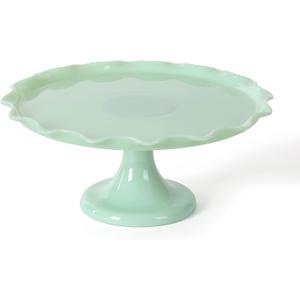 Martha Stewart Highbrook 11" Jadeite Glass Cake Stand  Handmade Vintage-Style Dessert Stand with Ruffle Trim, Decorative Pedestal Cake Plate for Display & Serving