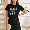 Hanukkah Shirt Women Happy Hanukkah T-Shirt Menorah Candles Short Sleeve Jewish Chanukah Tee Tops (L)