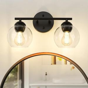 Emak 2-Light Black Bathroom Light Fixtures Over Mirror, Globe Bathroom Vanity Lights with Clear Glass Shade, VL114-BKL-2
