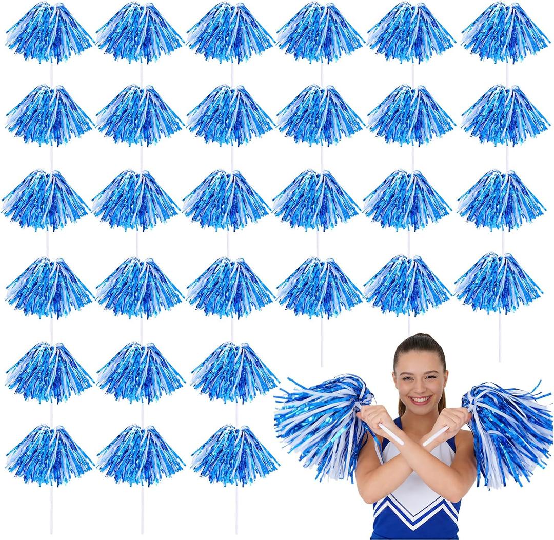30 Packs Blue White Cheer Pom Poms with 11Inches Long Baton Handle,Cheerleading Pom Poms for Dance Team Spirit Party Football Basketball Club