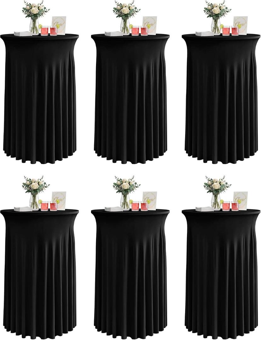 KeyWave Cocktail Table Tablecloth with Skirts - 32x43 Inch Wavy Spandex High Top Cocktail Table Covers, Ruffle Drape Highboy Tablecloth Reusable for Party Wedding Cake Standing Table, Black, 6 Pack
