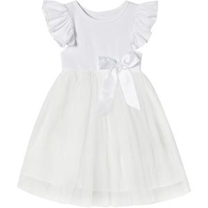 Toddler Girls Ruffle Sleeve Tulle Dress Elastic Waist Bow Kid Casual Sundress, Size 120