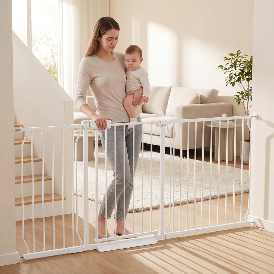 Extra Wide Baby Gate Tension Indoor Safety Gates White Metal Large Pressure Mounted Pet Gate Walk Through Long Safety Dog Gate for The House Doorways Stairs (71.65"-76.38"/182-194CM, White)
