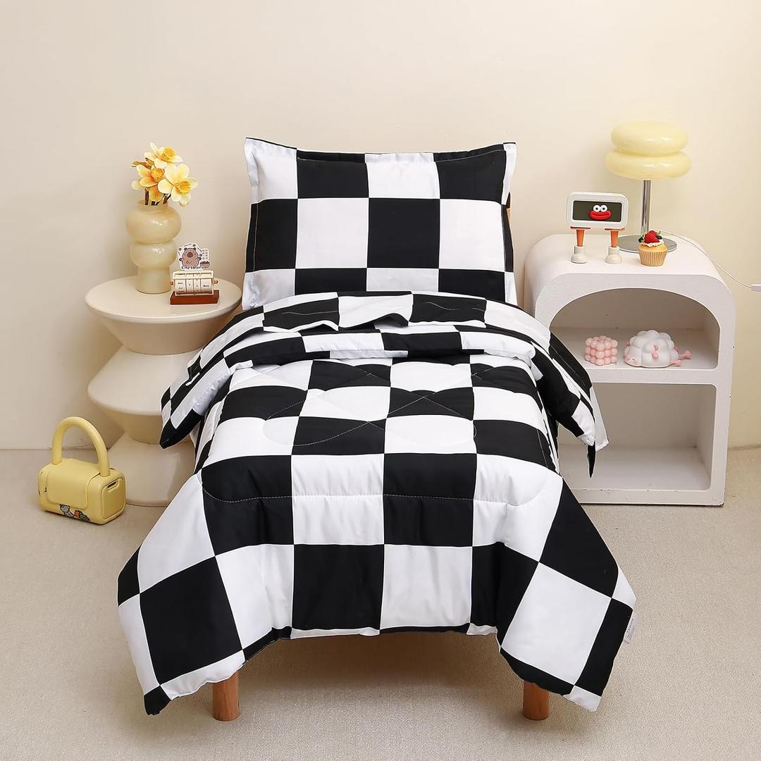 Caressma Checkered Toddler Bedding Set, Classic Black and White Plaid Bed Set, Fluffy Grid Buffalo Plaid 4 Pieces Kids Comforter Bed Set with Comforter, Fitted Sheet, Flat Sheet, Pillowsham