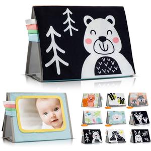 ZICOTO Soft Tummy Time Book with Large Stimulating Baby Safe Mirror - High Contrast Montessori Sensory Developmental Toy for Newborn/Infant 0-3 & 3-6 Months