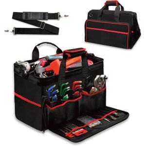WETT Heavy Duty Tool Bag, 17.3-Inch 30-Pocket Large Portable Adjustable Tool Organizer Storage Bag with Large Zipper for Men, Carrying Toolbag, Electrician Mechanic Construction