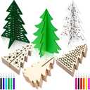 Blosssound 48 Pcs Christmas Craft Set 36 Wood Tree Crafts 3D Christmas Tree Cutouts with 12 Colored Markers Wooden Unfinished Slices to Paint for Xmas Winter DIY Handmade Tiered Tray Decor