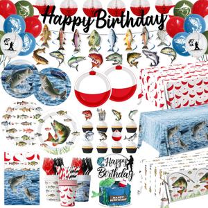 Fishing Birthday Party Decorations, All-in-1 Fishing Party Decorations with Balloons Fish Plates Napkins Cake Toppers Honeycombs Tablecloths and Banner Ofishally One Birthday Decorations, Serve 24