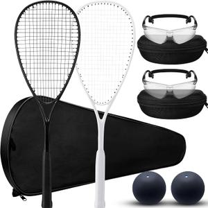 Seenelling 2 Pack Beginner Squash Racquet Set Includes 2 Racquets with Racket Bags 2 Anti-Fog Goggles with Cases, and 2 Blue Dot Squash Balls for Beginners Training Recreational Play