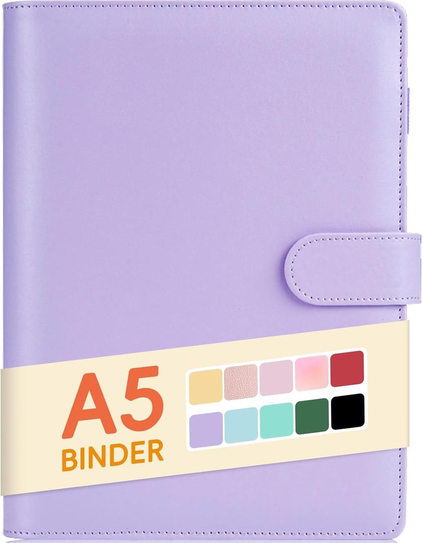 Sooez A5 binder 6 Ring, Refillable Notebook Planner Cover, Small Leather Organizer Empty Binder for Budget,Journal,Photocard Holder,Recipe Book, Aesthetic Loose Leaf Binder with Magnetic Buckle,Purple (Lavender)