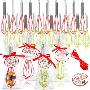 24 Sets 10 Inch Christmas Whisks Gifts DIY Fillable Christmas Tree Ornaments Xmas Colored Silicone Whisks for Cooking Heat Resistant Egg Beaters with Card Rope Bag for Candy Holder