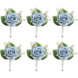 Dusty Blue Rose Boutonniere for Men Wedding, Set of 6, Wedding Flower Boutonnieres with Pins for Groom and Best Man Wedding Ceremony Anniversary, Homecoming Prom Party