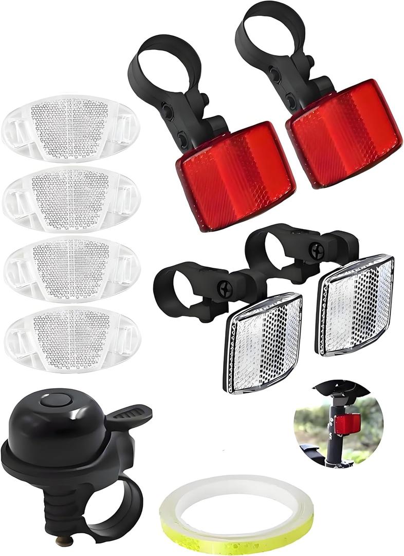 8PCS Bike Front and Rear Reflectors Kit,Bicycle Wheel Spoke Reflectors Kit,with Aluminum Bicycle Bell, Bicycle Bike Bell for Adults Kids,and 1 Rolls High-Visibility Reflective Tape(8m/26.25ft)
