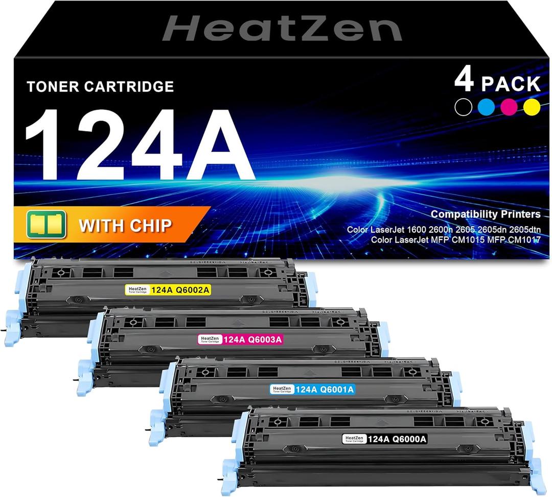 124A Toner Cartridges (4-Items, K/C/Y/M) Replacement for HP 124A Q6000A Q6001A Q6002A Q6003A Toner Cartridge for Color LaserJet 1600 2600 2600n 2605 2605dn 2605dtn CM1015 CM1017 MFP Printer Ink