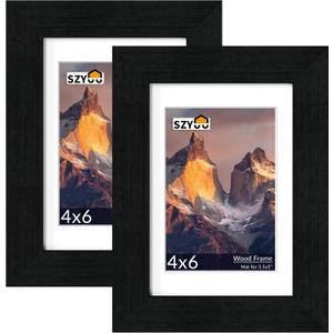 4x6 Picture Frame Set of 2 - Wood Frame with Real Glass, Display 3.5x5 with Mat or 4x6 without Mat, Photo Frame for Wall or Tabletop Display(Matte Black)