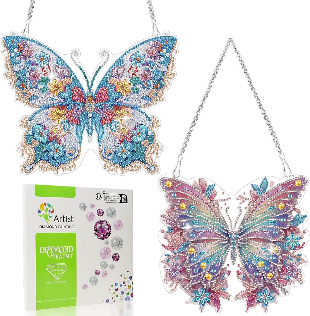 Scettar 2 Pcs Dimond Art Paintings Butterfly, Diamond Art Kits for Adults, DIY Crystal Gem Craft Painting Kit, Special Shape Diamond Art Suncatcher Hanging Ornament for Home and Garden Decor