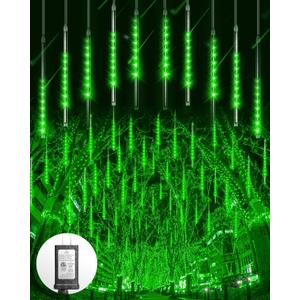 Blingstar Meteor Shower Lights Outdoor Christmas Lights, 16 Inch 10 Tubes 360 LEDs Falling Rain String Light with Timer, Waterproof Plug in Icicle Light for Tree Porch Roof Yard Xmas Decoration, Green